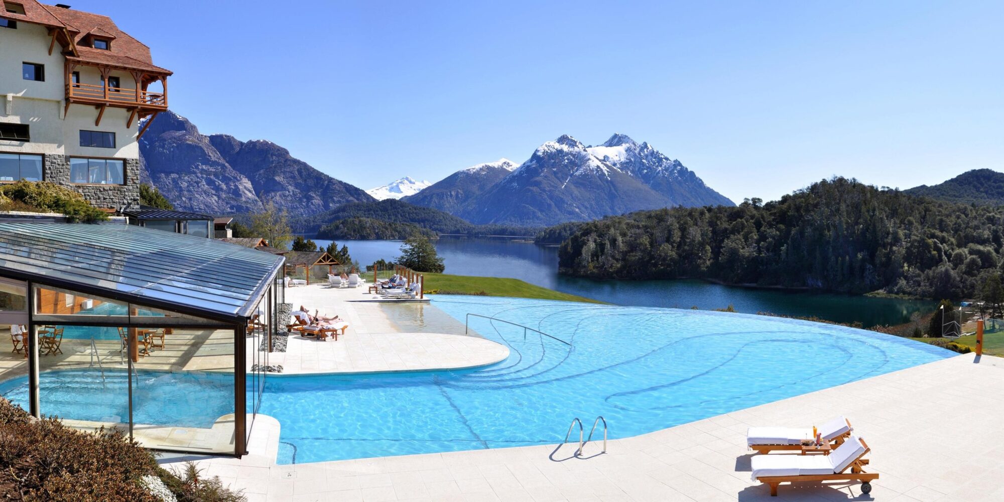 Llao Llao Hotel & Resort in San Carlos de Bariloche, Argentinia. An outdoor infinity pool at the Llao Llao Hotel & Resort in Bariloche, Argentina