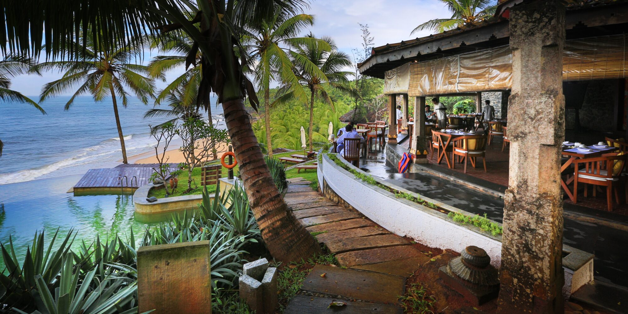 A portrait of a five-star Kovalam beach hotel in Kerala, India. A tropical beach resort in India.