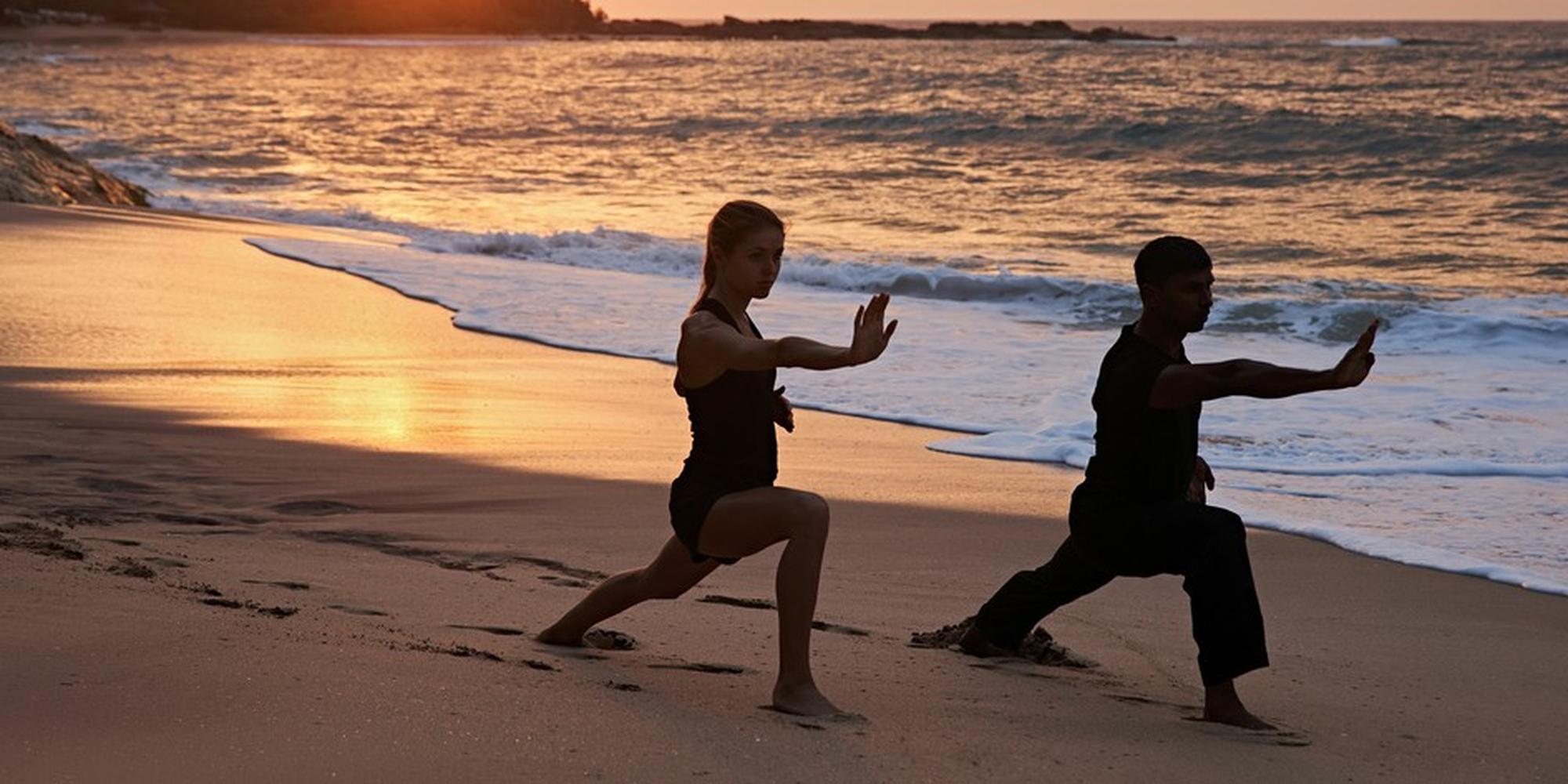 Two people near the beach participating in expressive yoga at Amanwella, Sri Lanka.