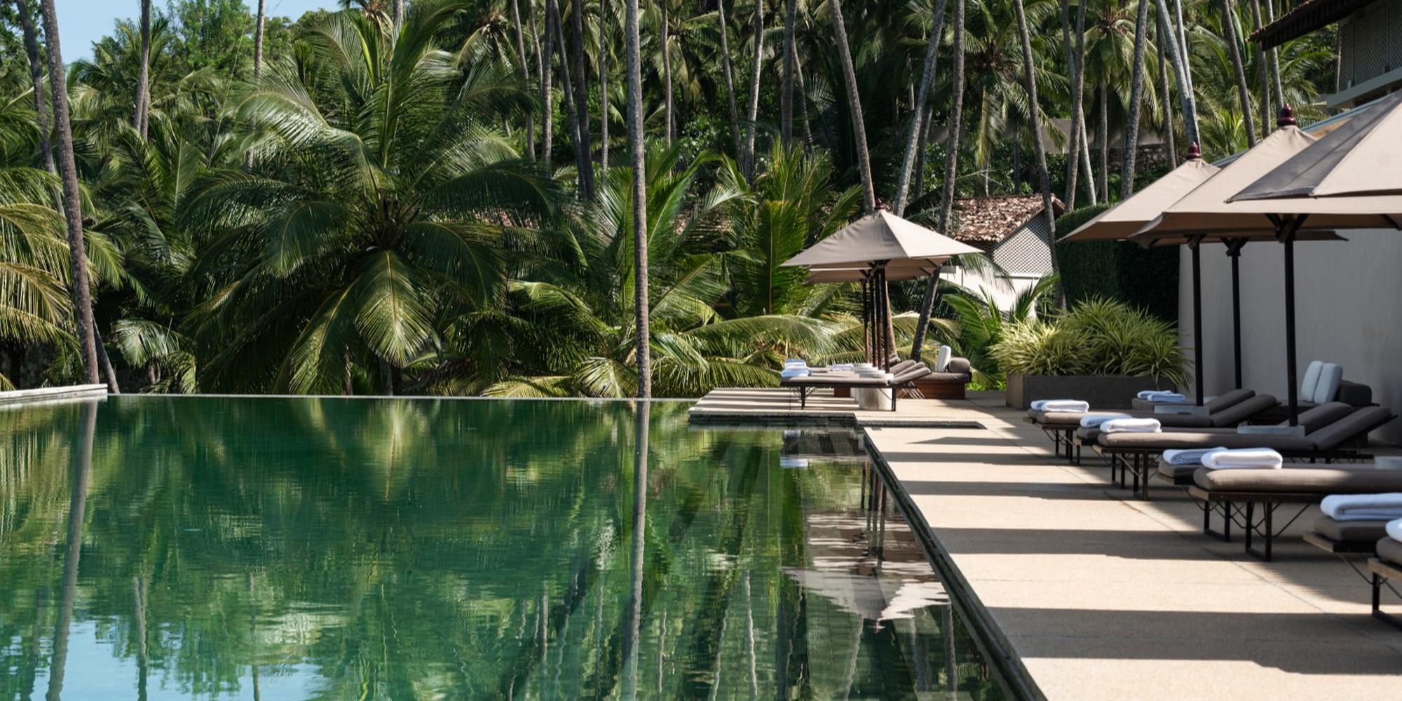 The Amanwella resort located in Sri Lanka featuring a swimming pool surrounded by palm trees and sun loungers.