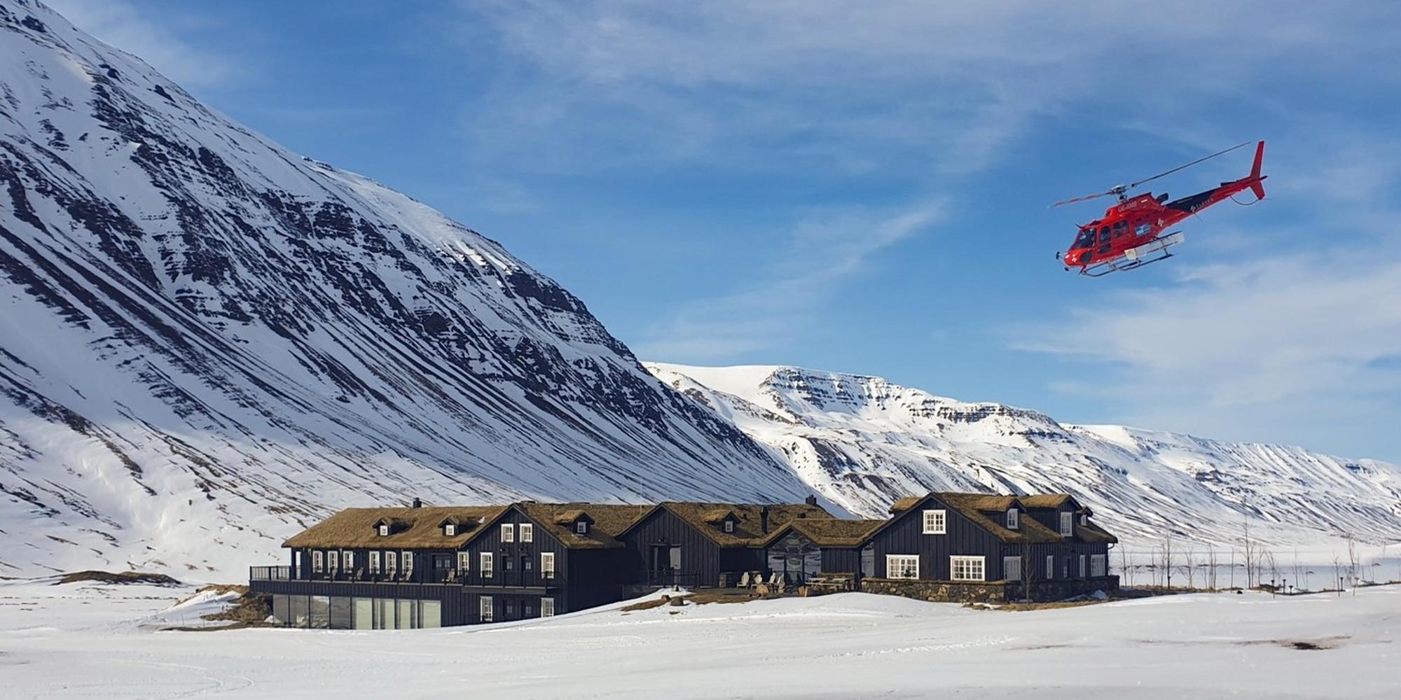 An image of a large, traditional Nordic-style lodge complex at Deplar Iceland. An ultra-luxury adventure lodge at Deplar Iceland.