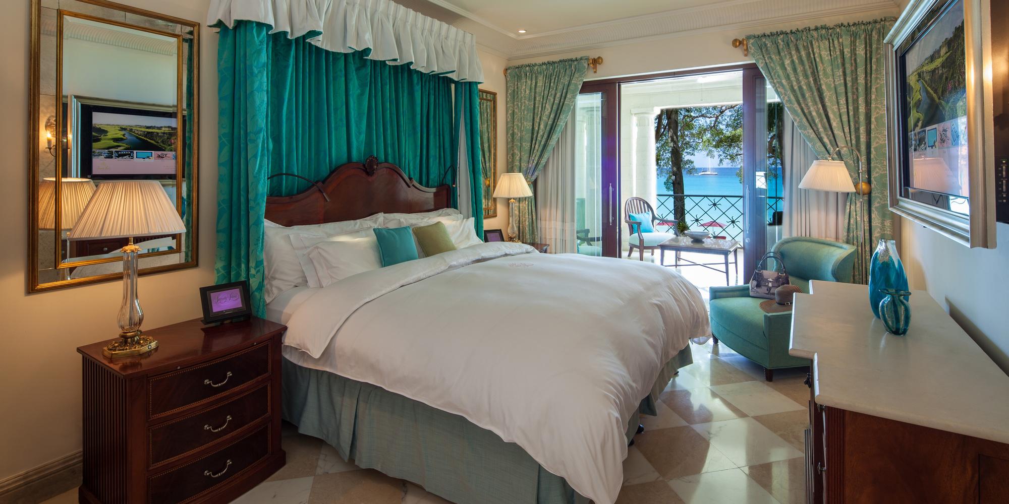 An upscale ocean-view bedroom at the Sandy Lane resort in Barbados. Upscale ocean-view bedroom at the Sandy Lane resort in Barbados.